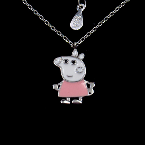 Silver Pig Enamel Necklace