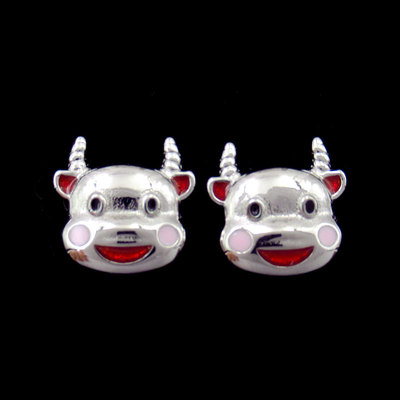 Silver Cattle-Shaped Enamel Ear Stubs