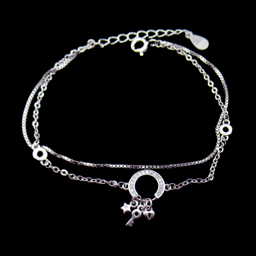 Silver Zircon Heart And Key Bracelet
