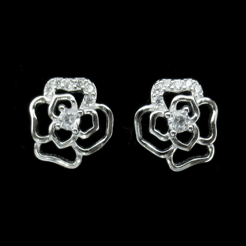 Silver Flower Shaped Zircon Ear Stubs