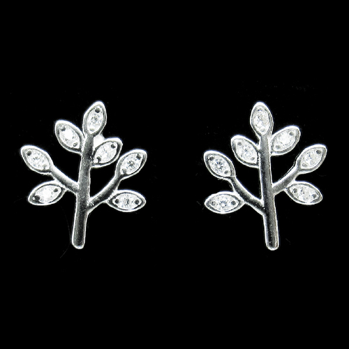 Silver Leaf Shaped Zircon Ear Stubs