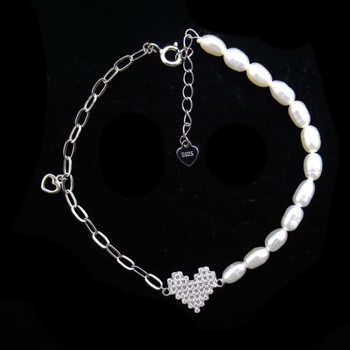 Silver Heart Shaped Pearl Bracelet