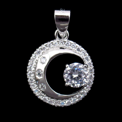 Silver Moon Shaped Zircon Pendant
