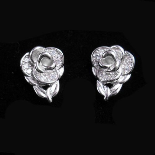 Silver Rose Shaped Zircon Ear Stubs