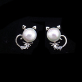 Silver Cat Shaped Pearl Ear Stubs
