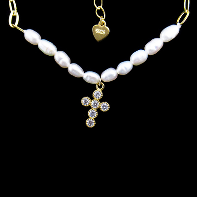 Silver Cross Shaped Pearl Necklace