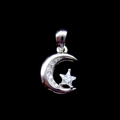 Silver Star and Moon Shaped Zircon Pendant