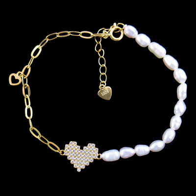 Silver Heart Shaped Pearl Bracelet