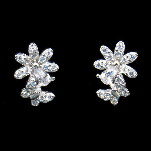 Silver Flower Shaped Zircon Earrings