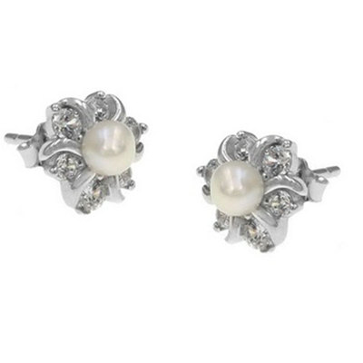 Silver Flower Shaped Pearl Ear Stubs