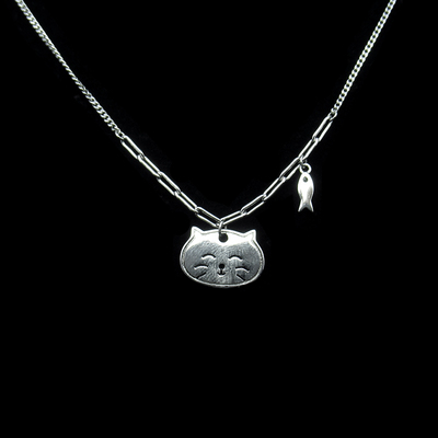 Silver Cat Shaped Enamel Necklace