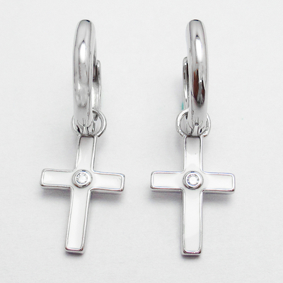 Silver Cross Shaped Enamel Huggies