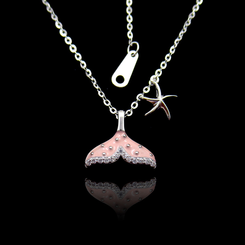 Silver Fishtail Zircon Enamel Necklace